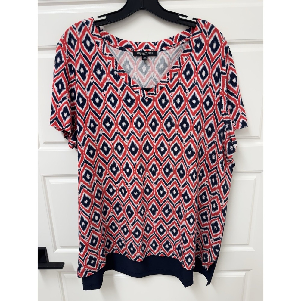 Jones New York Signature Blouse 1X Red Blue Ikat Print Hi Lo Top